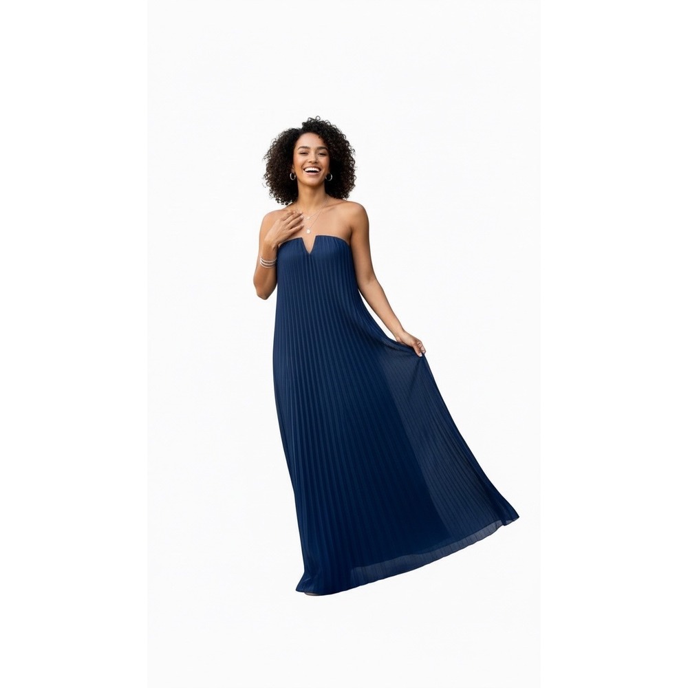 Lulus Strapless Navy Blue Pleated Maxi Dress Notched Neckline Evening Gown M